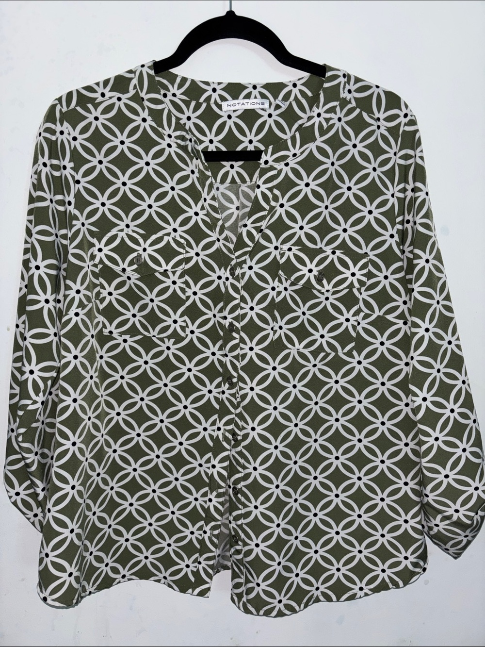 Notations Olive Green & White Geometric Button-Down Blouse